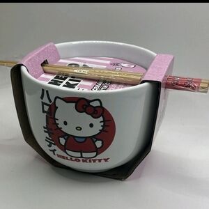Hello Kitty White Red Japan Kanji Ceramic Ramen Bowl With Chopsticks